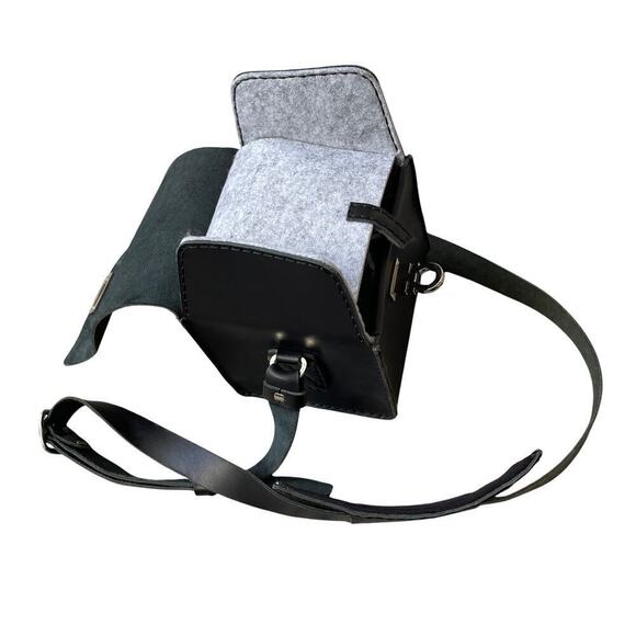 Handcrafted Black Leather Camera Bag | 5.5” Square, Adjustable Strap, Clasp - Picture 3 of 6